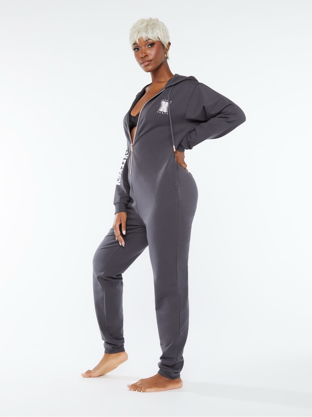 Savage X Fenty Forever Savage Showgirl Hooded Onesie Forged Iron Sz M